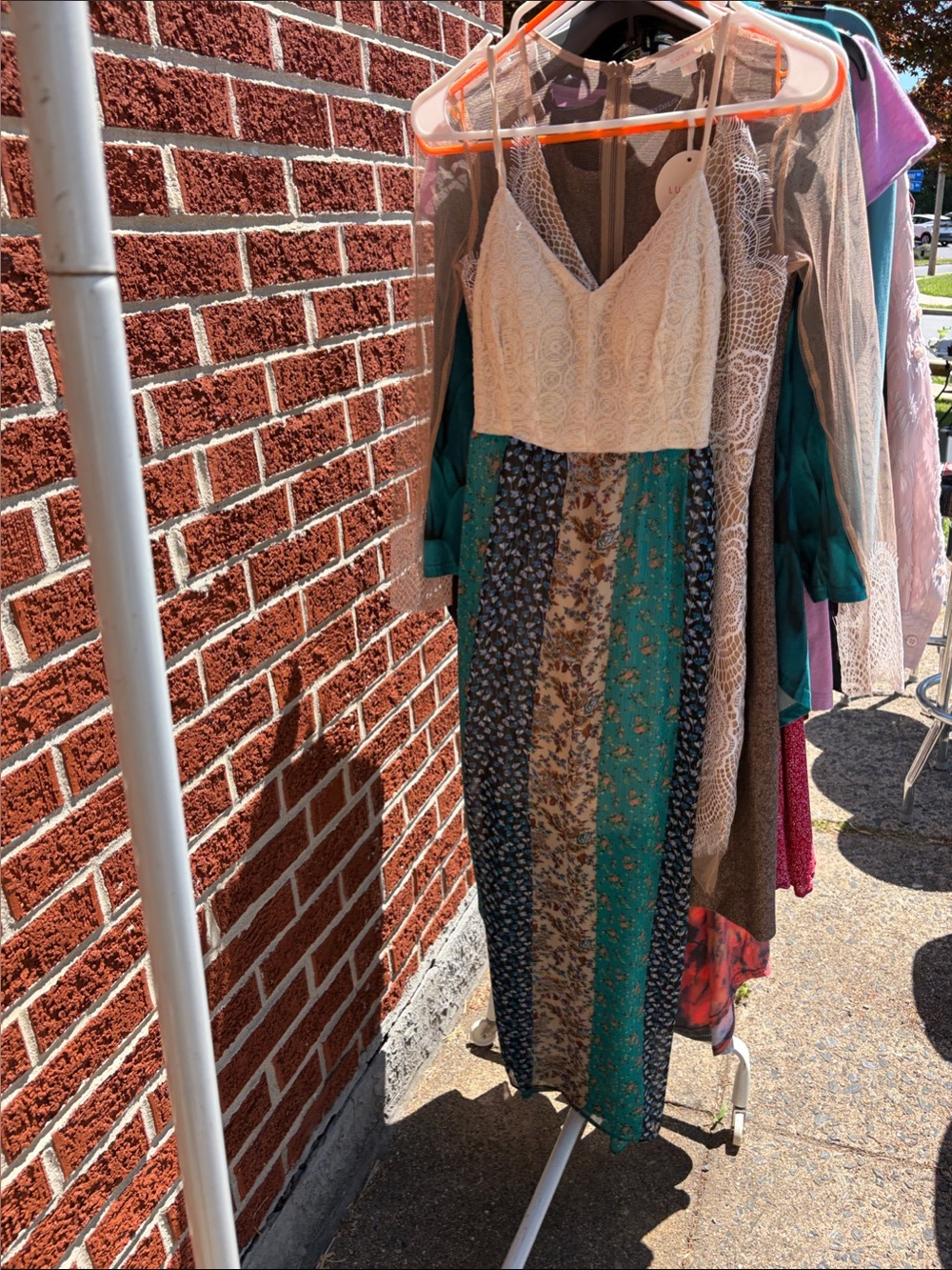 Boho Patchwork Maxi Dress with Cream Lace Bodice